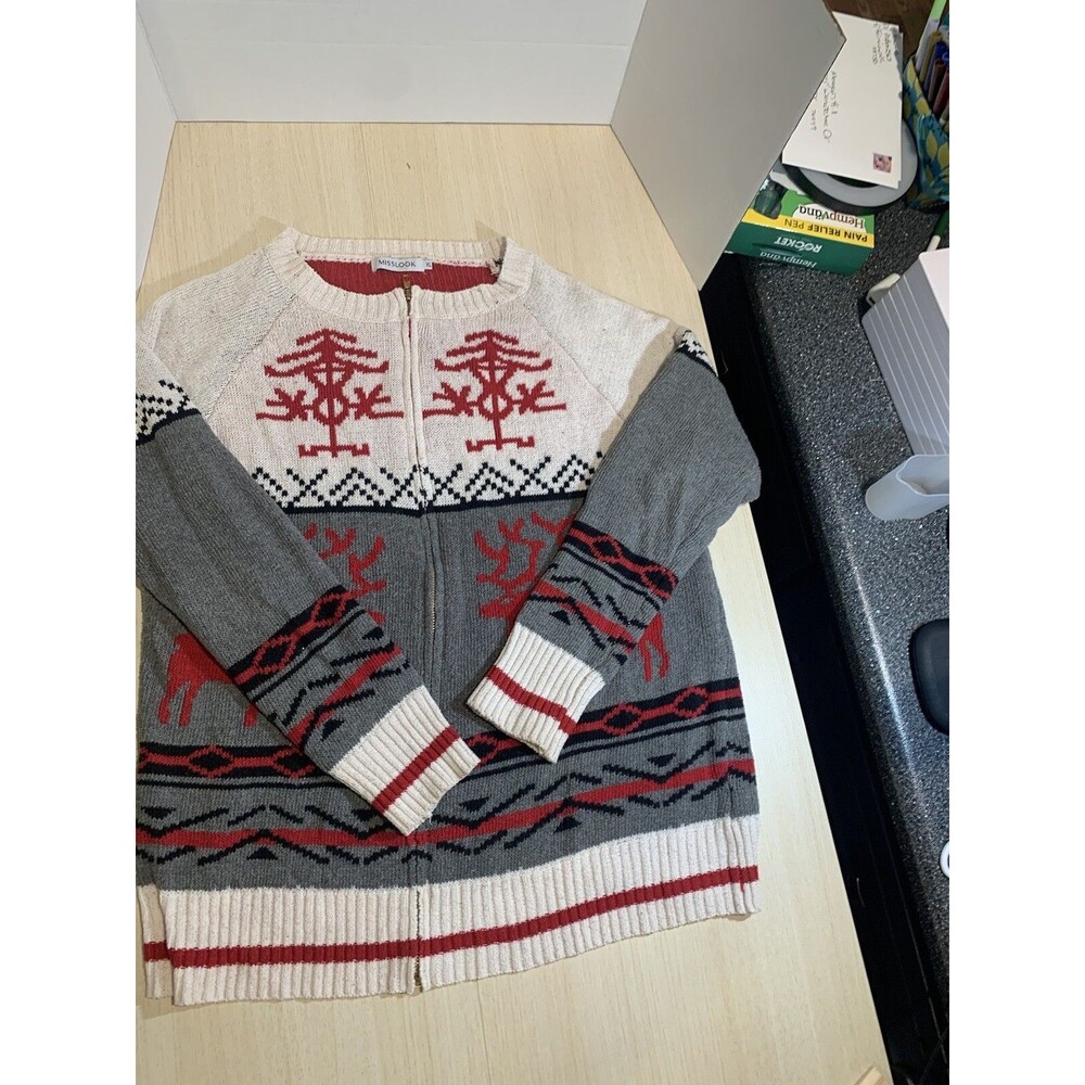 Misslook Women's Reindeer Motif Cotton Blend Full Zip Sweater SZ XL
